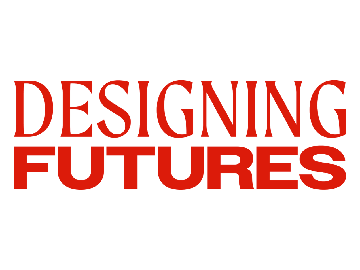 The image features a bold text logo that reads 'DESIGNING FUTURES' with 'DESIGNING' in large red letters and 'FUTURES' in slightly larger bold red letters underneath.