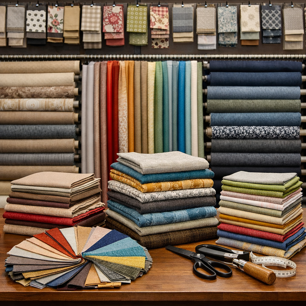 Display of fabric samples, including bolts, folded textiles, and a fabric color fan, with scissors and measuring tape on a wooden table.