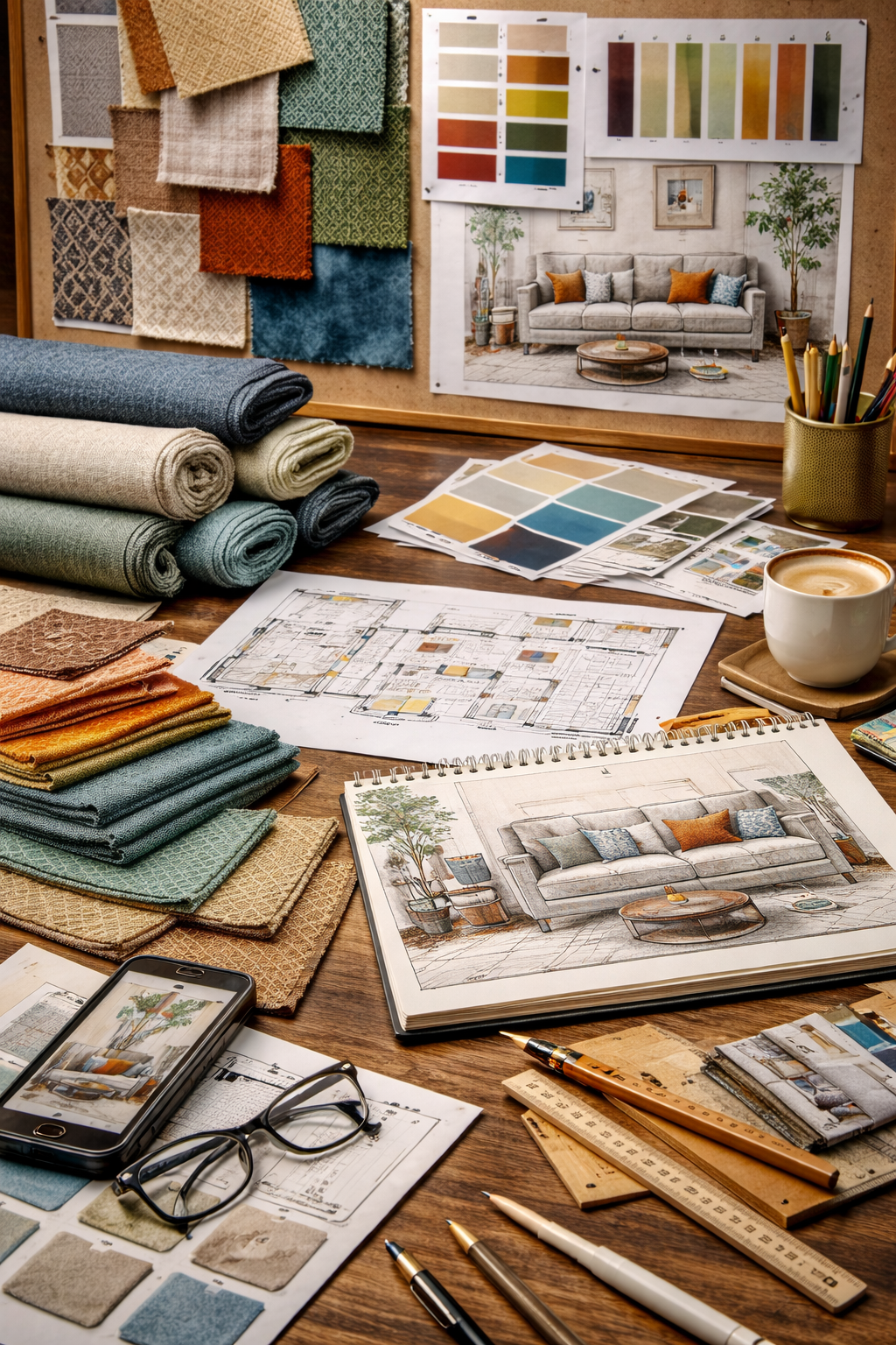 A workspace with fabric swatches, color palettes, architectural blueprints, and interior design sketches on a wooden table, surrounded by pens, glasses, and a cup of coffee. A corkboard displays fabric samples and color charts for interior design.