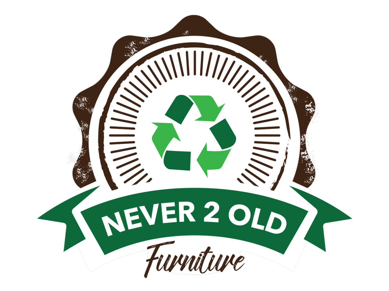 A logo promoting furniture durability with a recycling symbol and the slogan "Never 2 Old Furniture" on a black background.