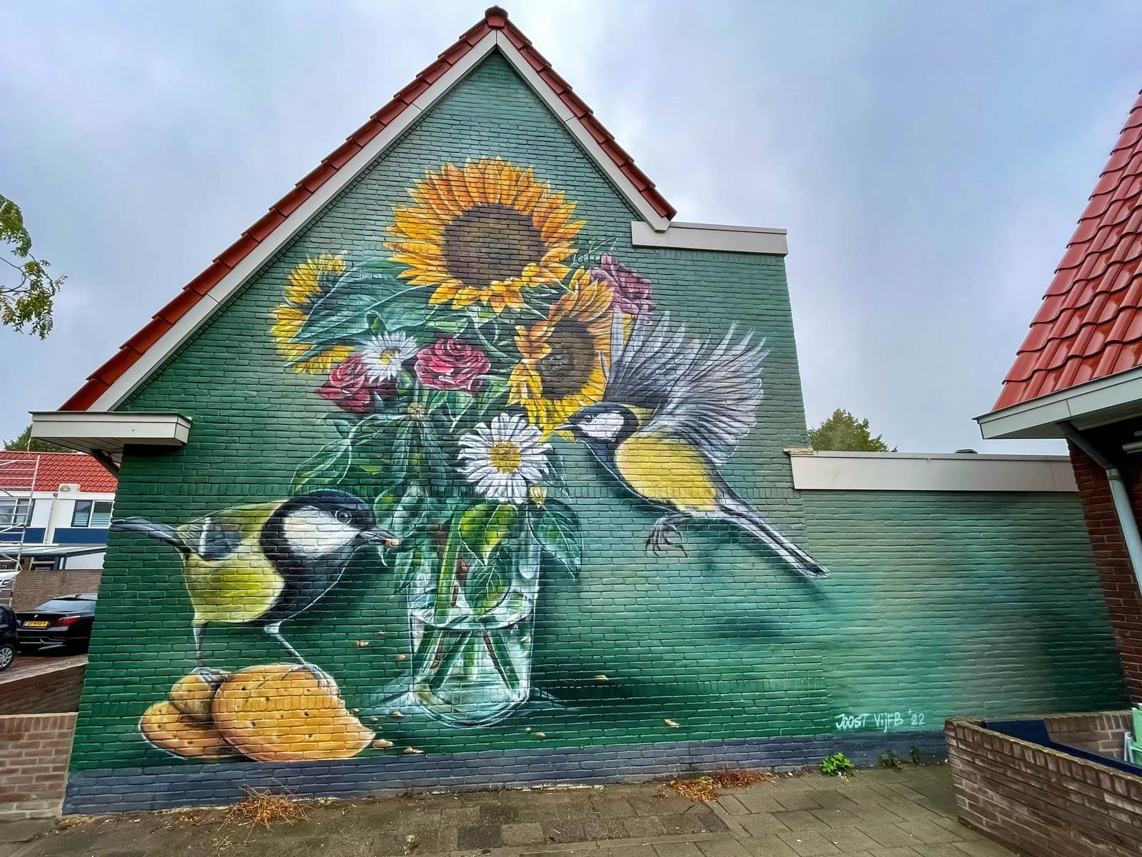 Mural woninggevel - Zonnebloemen en Koolmezen