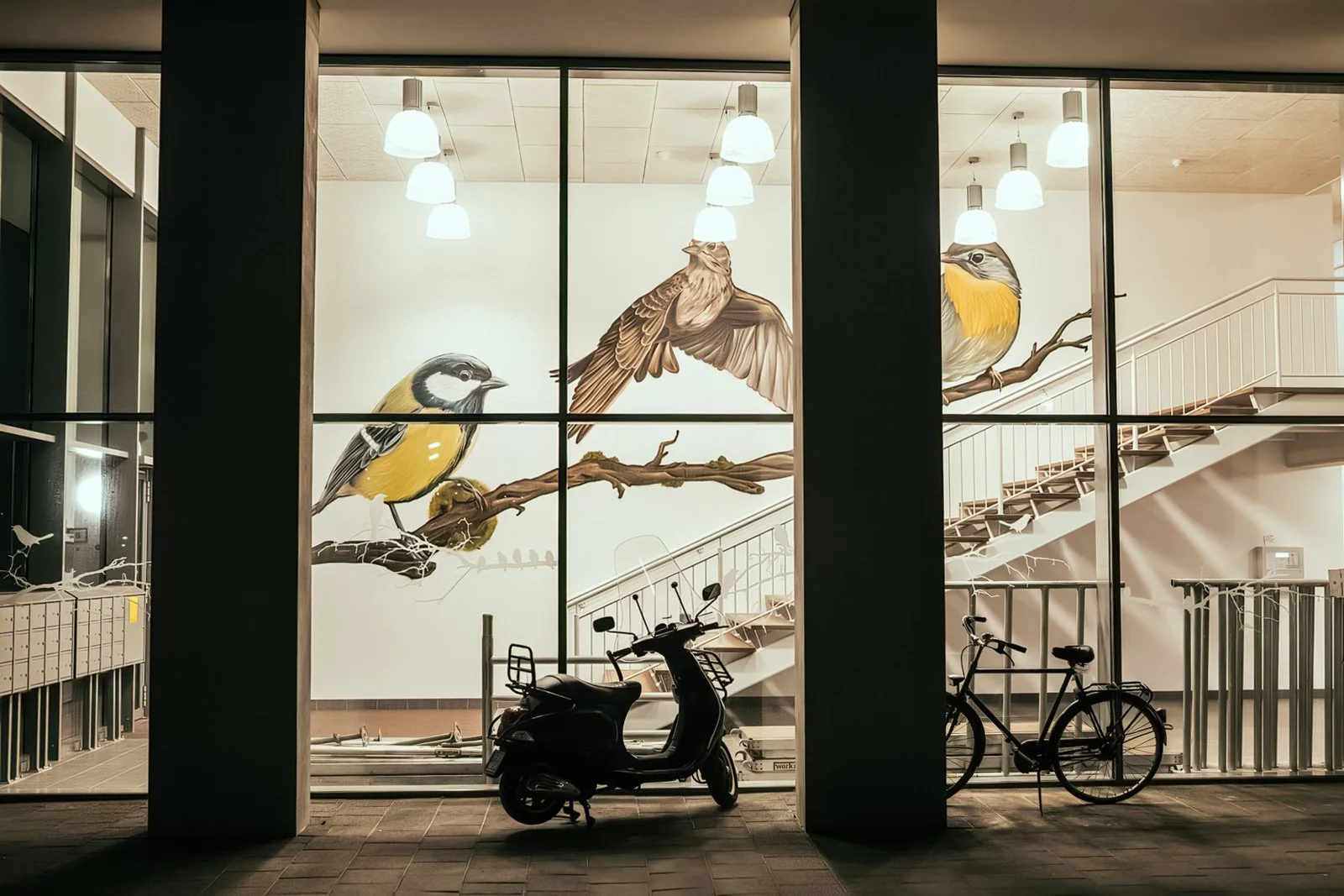 Muurschildering gemeenschappelijke hal appartementencomplex - Vogels