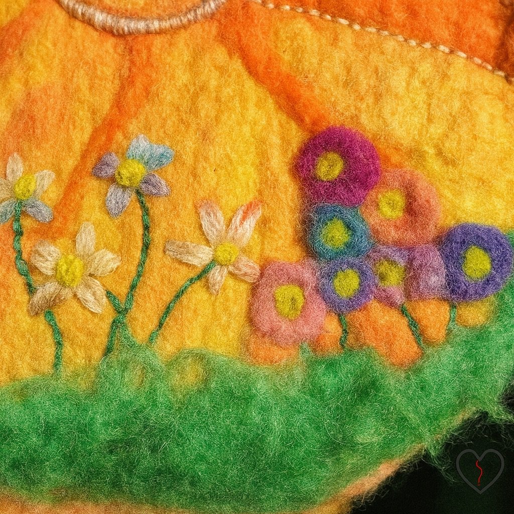 Close-up of needle-felted and embroidered wool flowers stitched into a hand felted merino wool bag, showing layered fiber textures and garden symbolism.