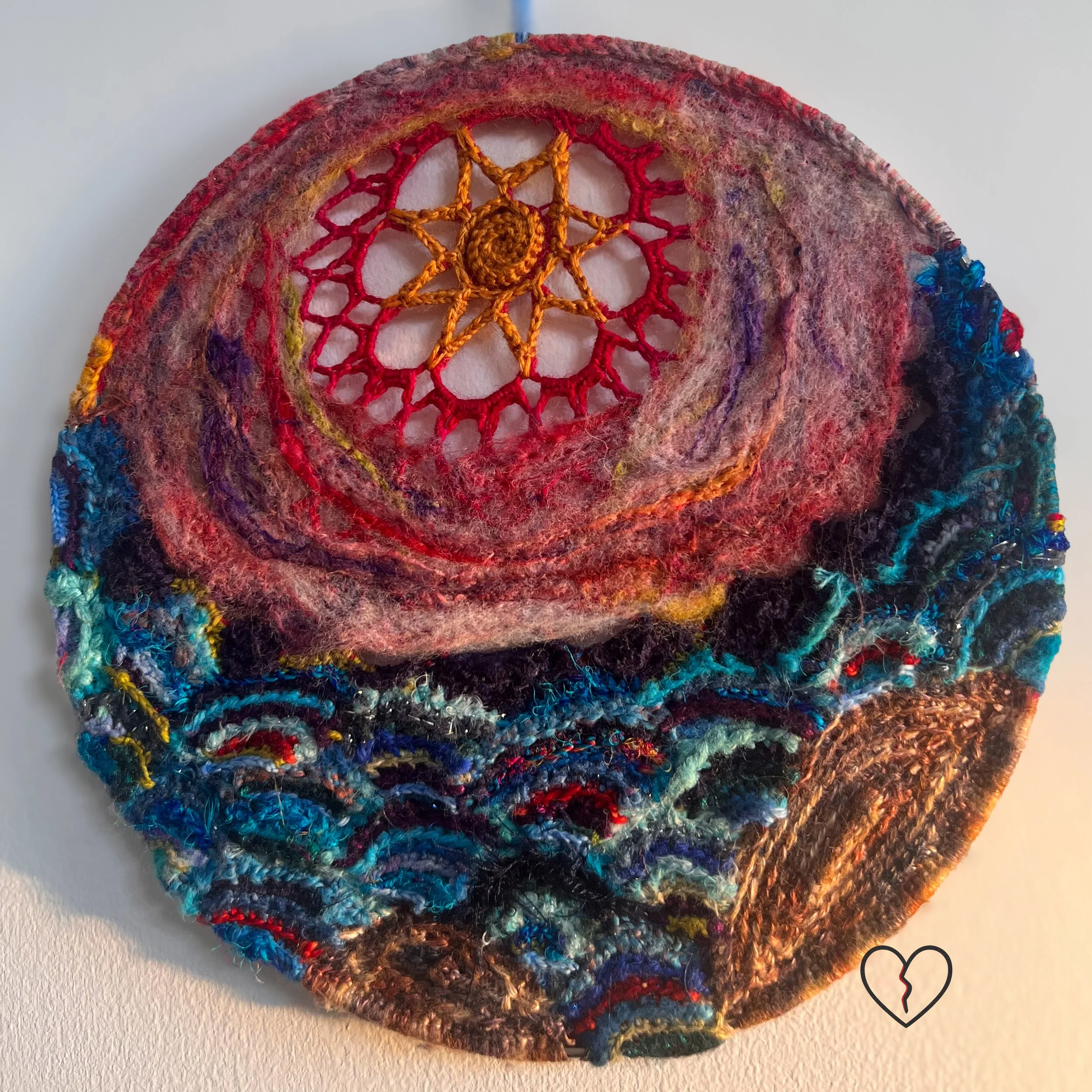 Sol Cycle Summer freeform crochet fiber wall art