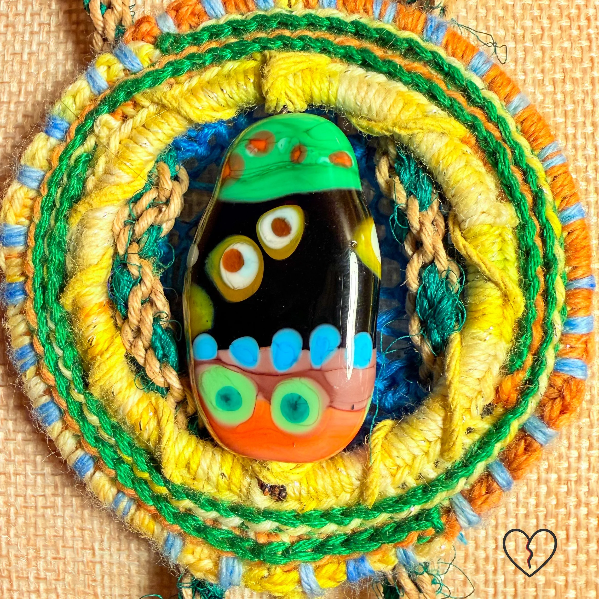 Fiber necklace with wool pendant and glass focal bead