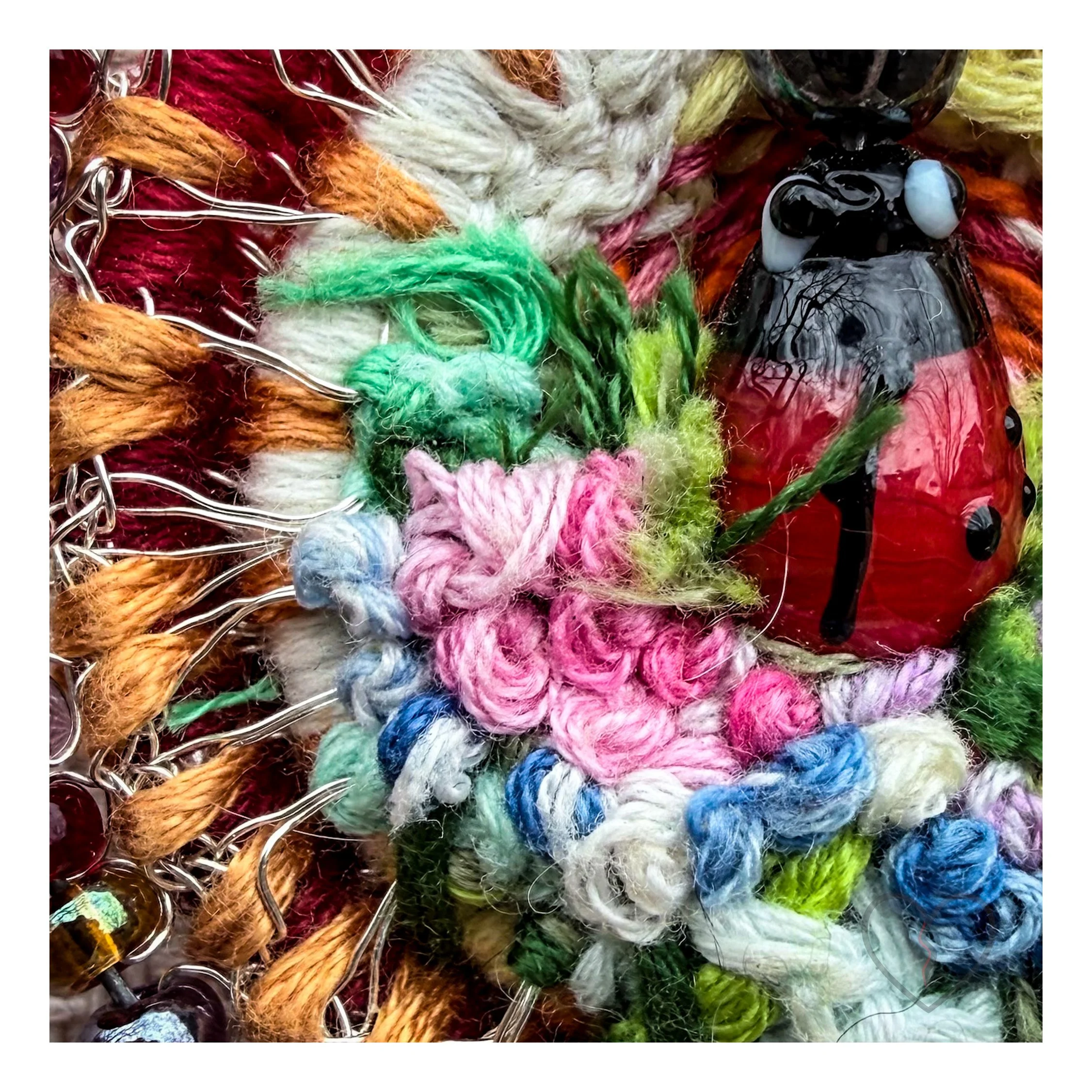 Ladybug garden pendant with wool embroidery and bead pendulum