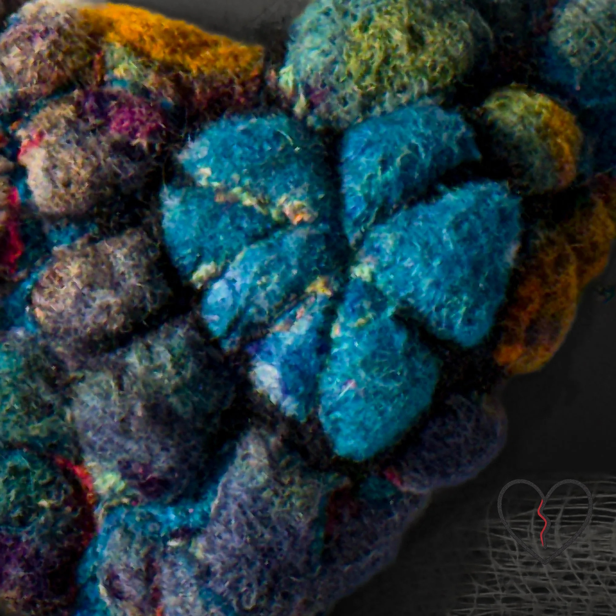 Close-up of blue inner heart embedded in textured stone-colored wool