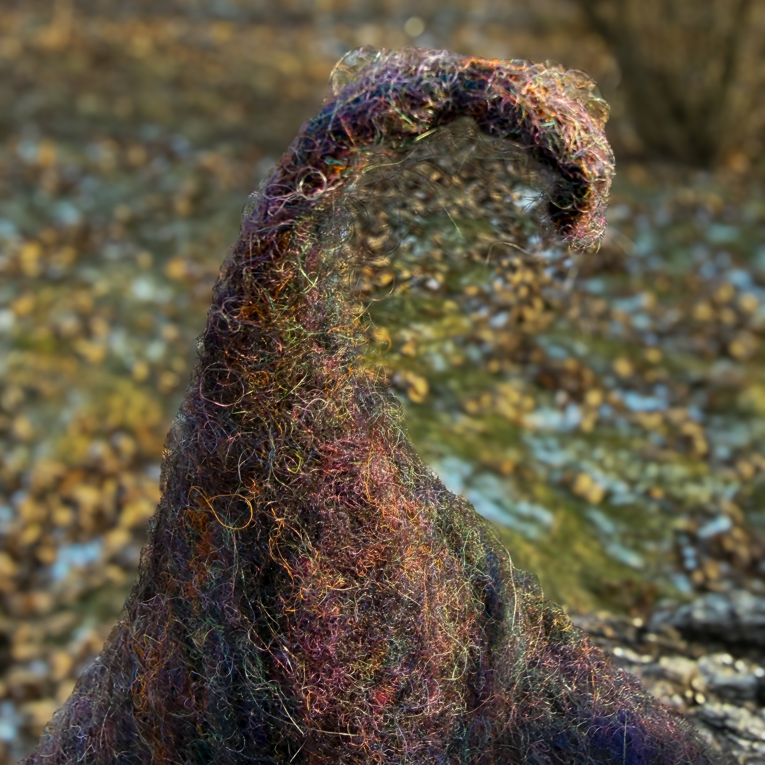 Side view of the bent point on a hand-felted purple and black trainee witch hat, highlighting organic texture.