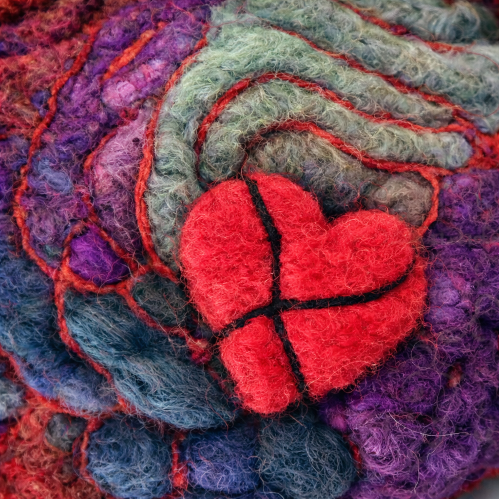 Veins of Grief | Broken Heart Fiber Sculpture | Needle Felted Wool Wall Art by Kristi Yapp