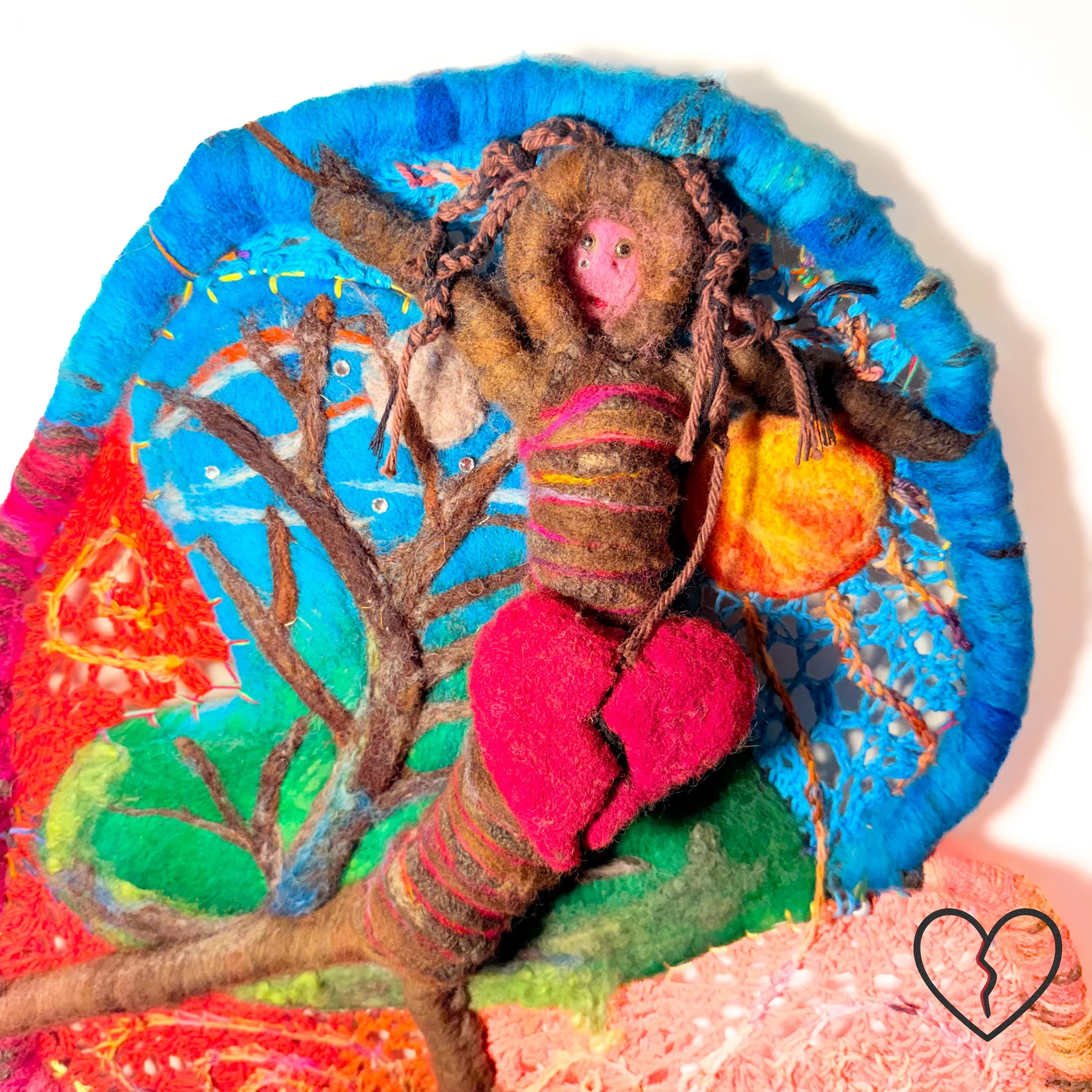 Temporal Arrest is a one of a kind 2024 mixed technique wool art sculpture by Kristi Yapp exploring emotional immobilization, grief, and the passage of time through symbolic fiber construction.