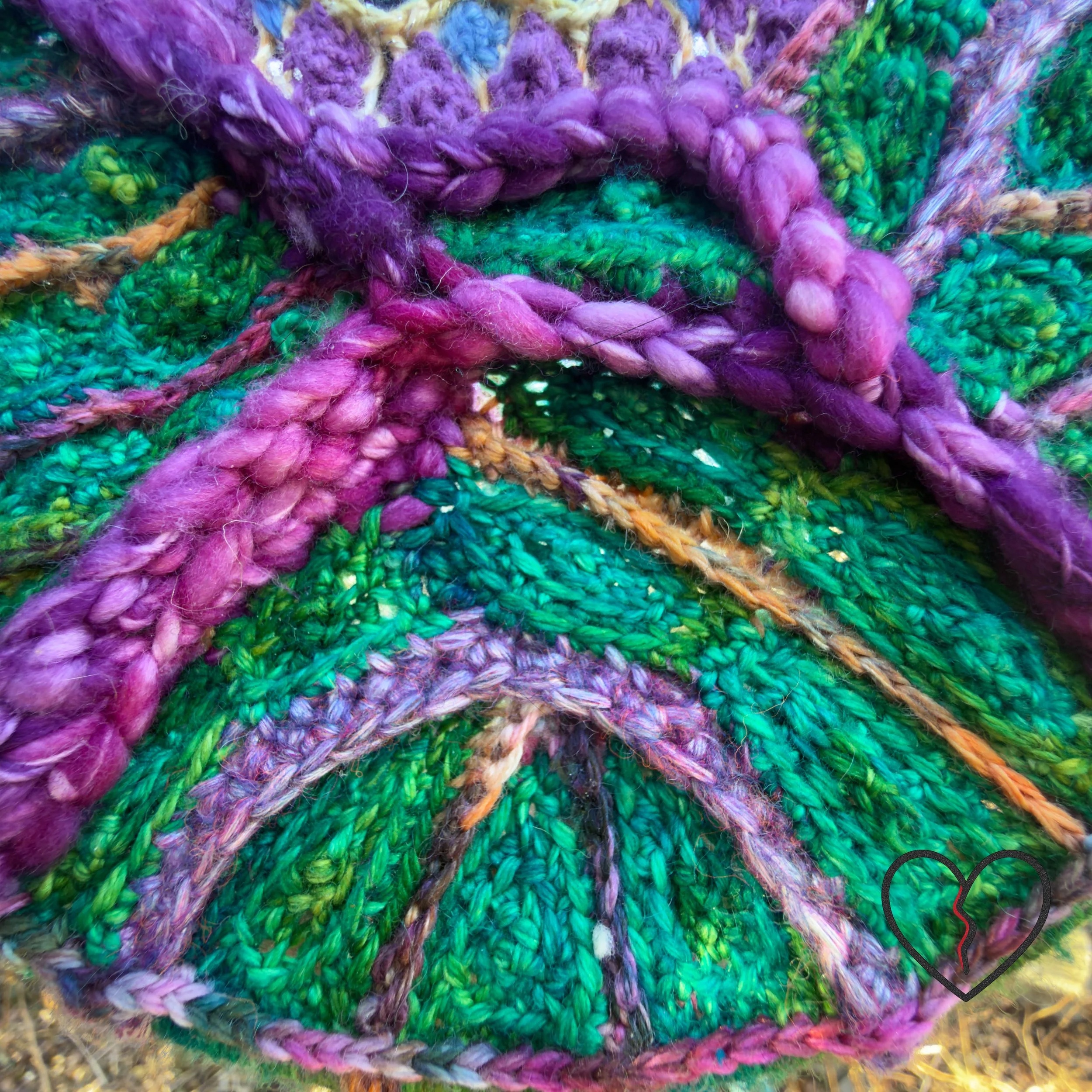 Detail of raised purple wool elements crossing a green crochet background, emphasizing contrast and connection in a conceptual fiber artwork.