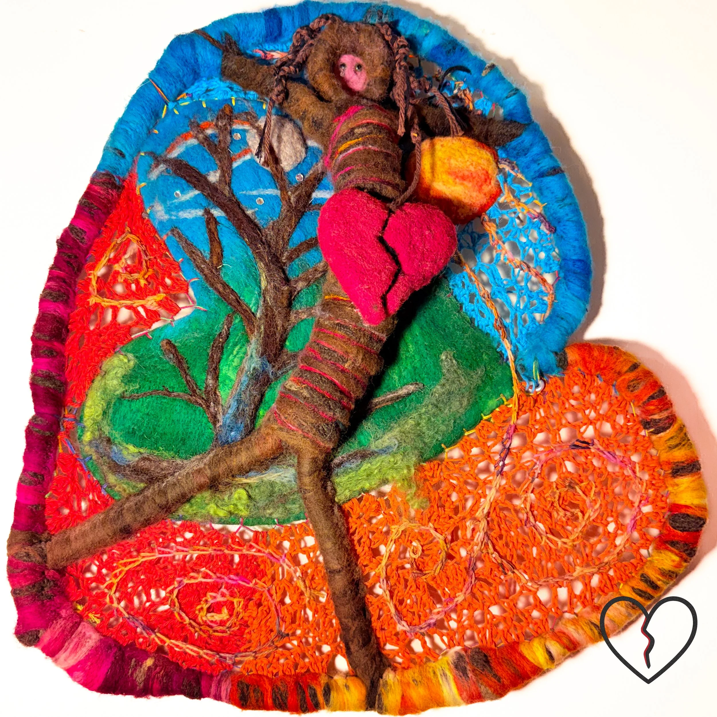 Temporal Arrest is a one of a kind 2024 mixed technique wool art sculpture by Kristi Yapp exploring emotional immobilization, grief, and the passage of time through symbolic fiber construction.