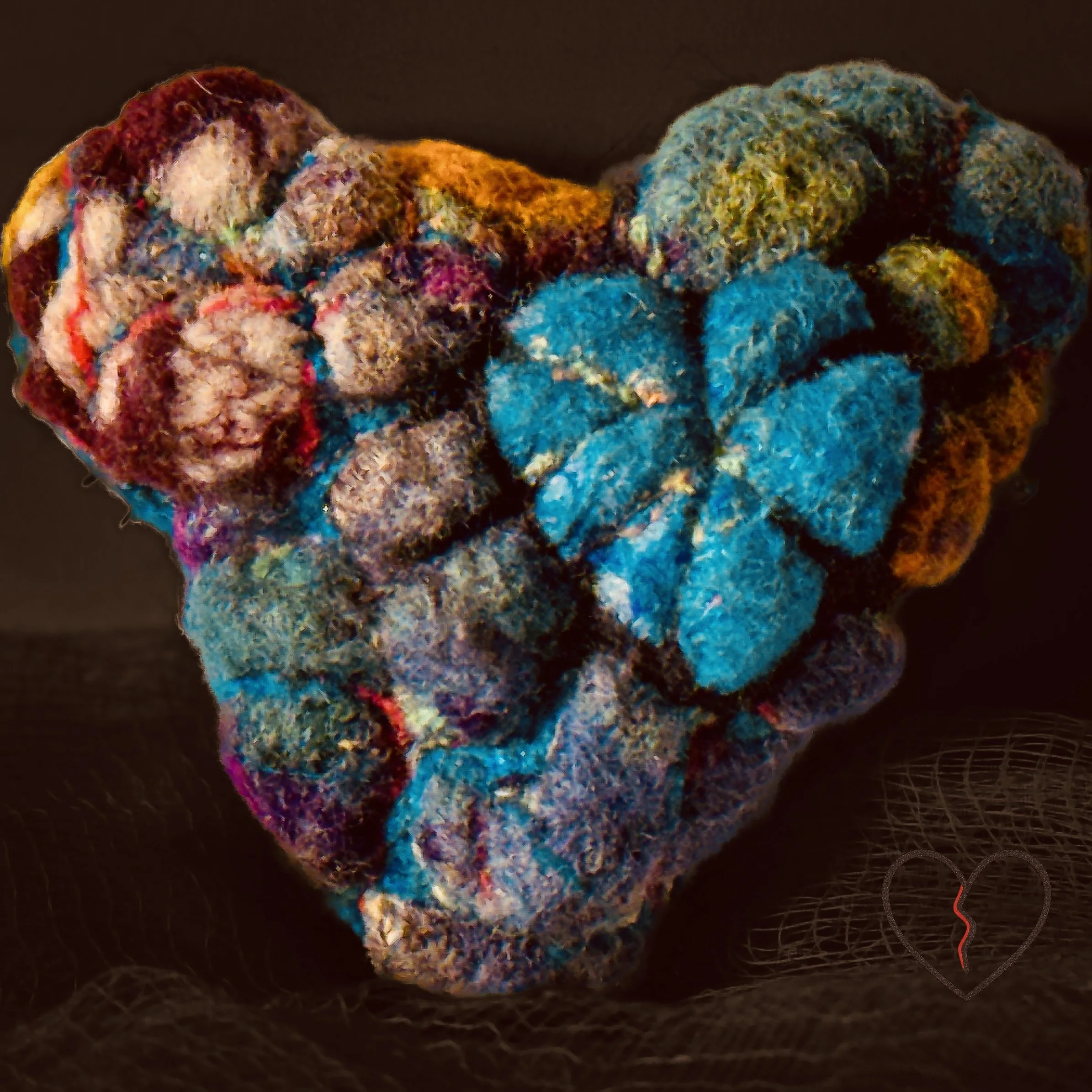 Felted wool heart art pin with stone-like texture and embedded fractured blue heart