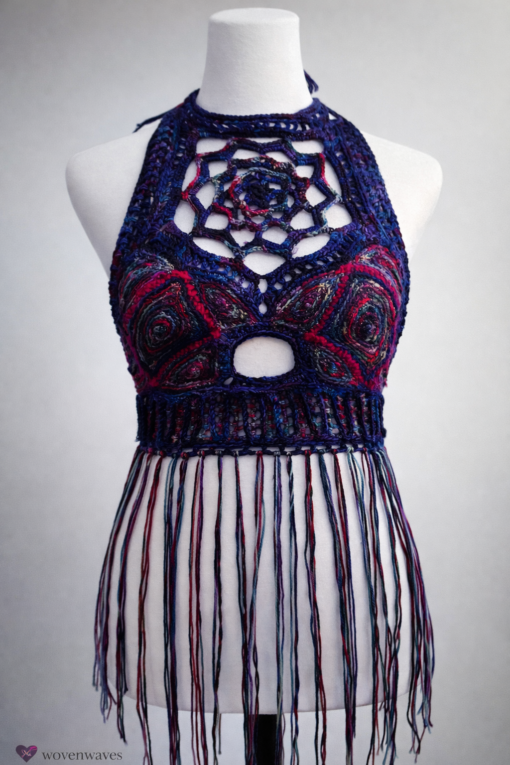 Summer Mandala | Freeform Crochet Festival Halter Top | Hand-Dyed Wool Wearable Art (2023)