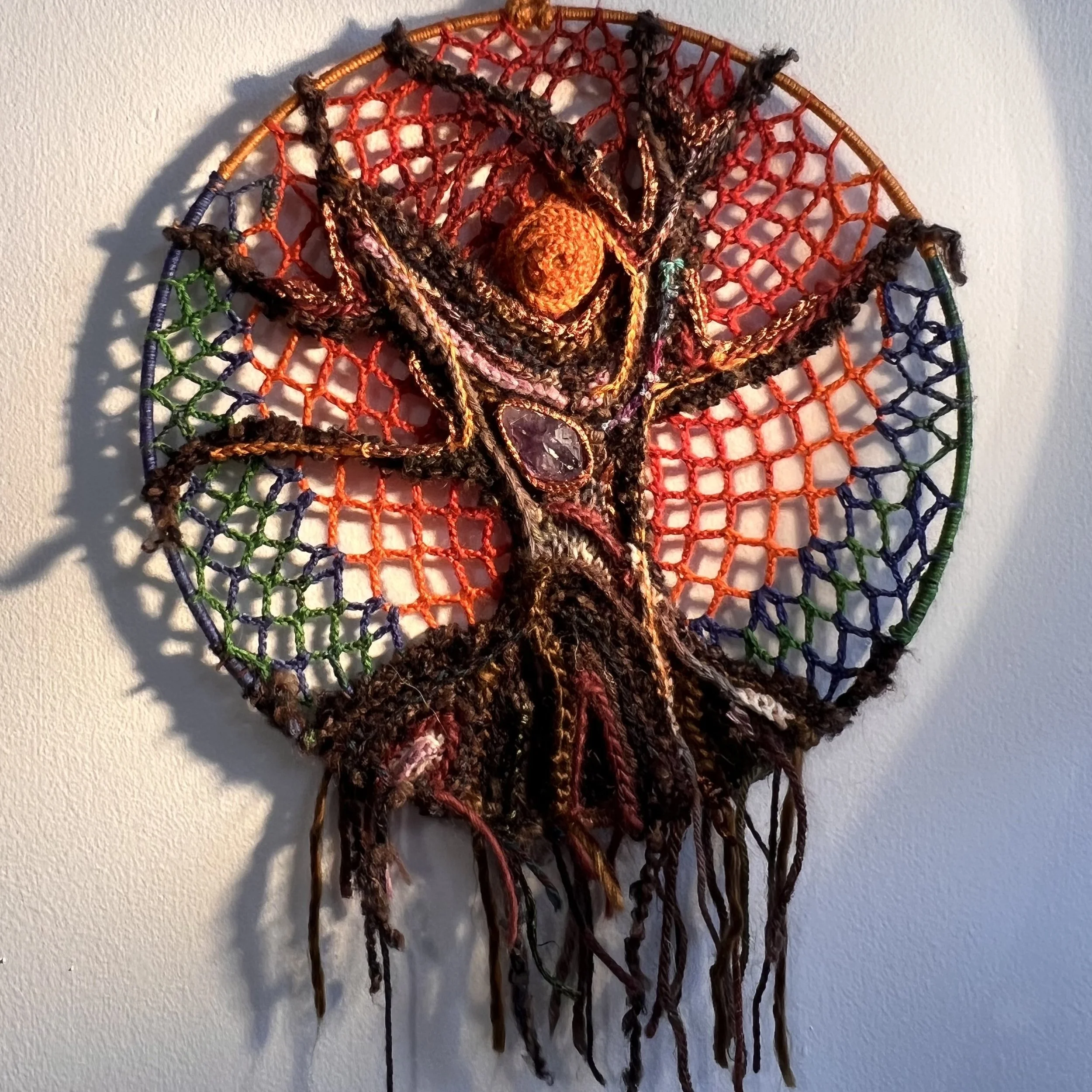 Sol Cycle Autumn freeform crochet fiber wall art