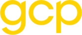 Close-up of a black background with the yellow lowercase letters 'gcp'