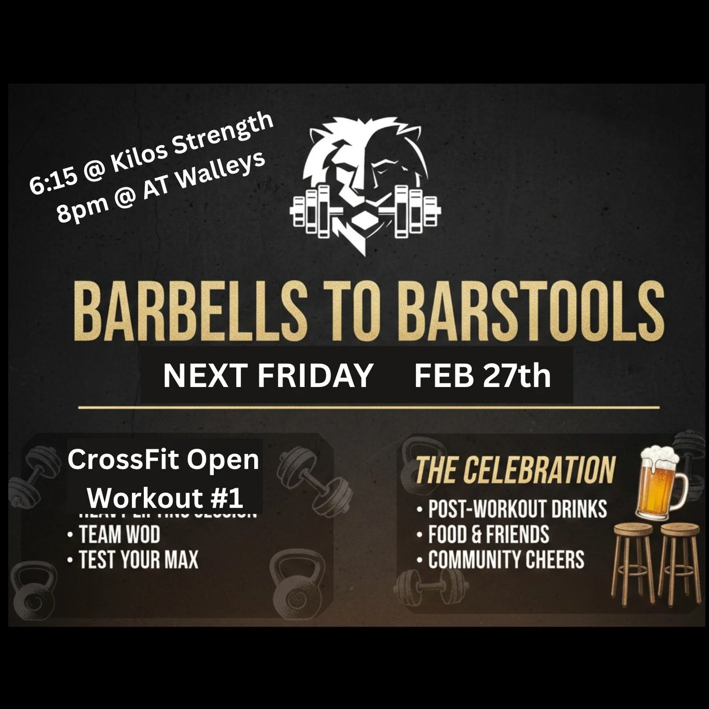 Friday Night Lights
We wont know the workout until Thursday when its posted

Pop into the gym at 615 and sign up for a heat. The workout will be scalable for all. 

Members, non members, friends, and family are all welcome!

After meet us at Walleys 
