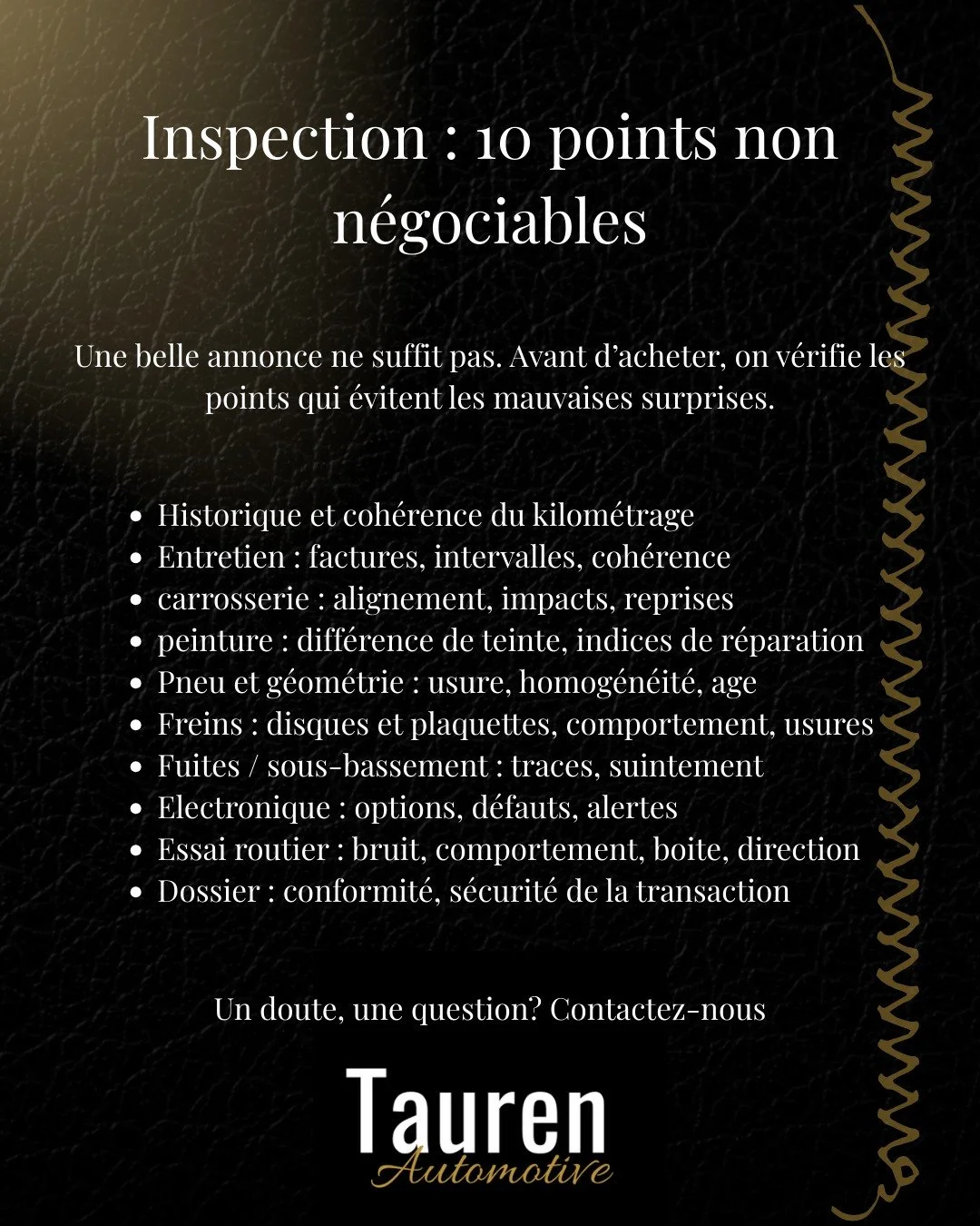 Inspection : 10 points non n&eacute;gociables 
Une annonce peut &ecirc;tre parfaite&hellip; et le v&eacute;hicule beaucoup moins.
On contr&ocirc;le les points qui comptent, puis on vous donne un compte rendu clair.

Ile de France - Oise - Aisne - Mar