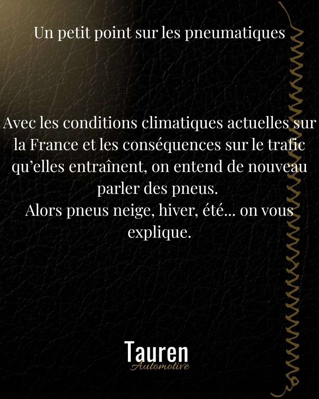 Avec les conditions m&eacute;t&eacute;o actuelles, on fait un point sur les pneumatiques.

&Eacute;t&eacute; : performance et freinage optimaux > ~7&deg;C.
Hiver : grip et s&eacute;curit&eacute; < ~7&deg;C (pluie, froid, neige).
4 saisons : com