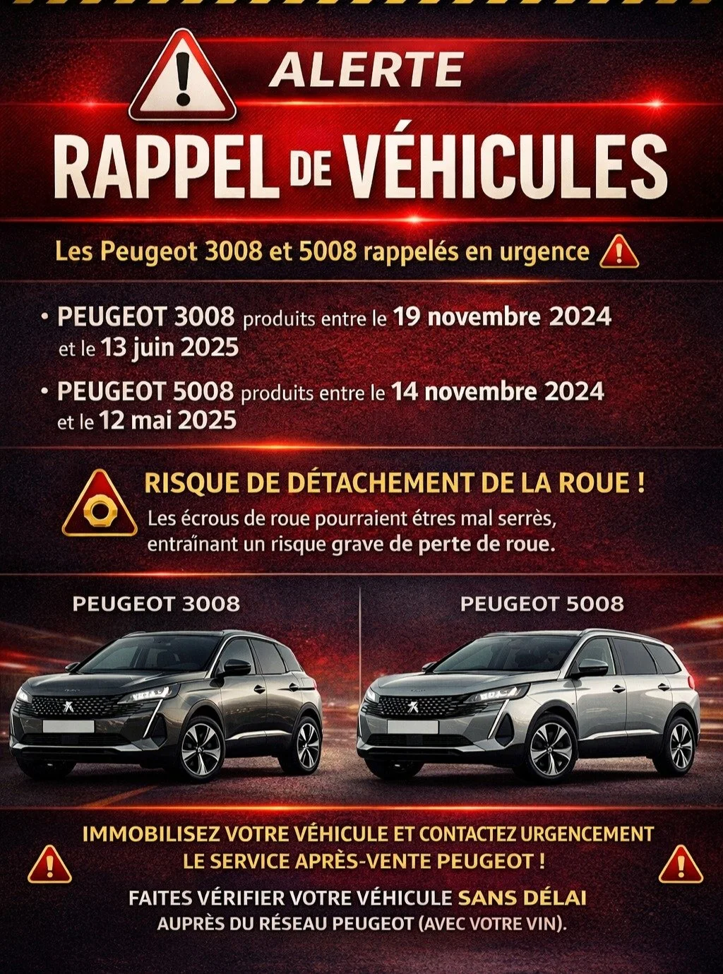 Rappel constructeur &mdash; S&eacute;curit&eacute;

Certains Peugeot 3008 et 5008 produits entre fin 2024 et mi-2025 font l&rsquo;objet d&rsquo;un rappel pour un probl&egrave;me de serrage des &eacute;crous de roue, pouvant entra&icirc;ner un risque 