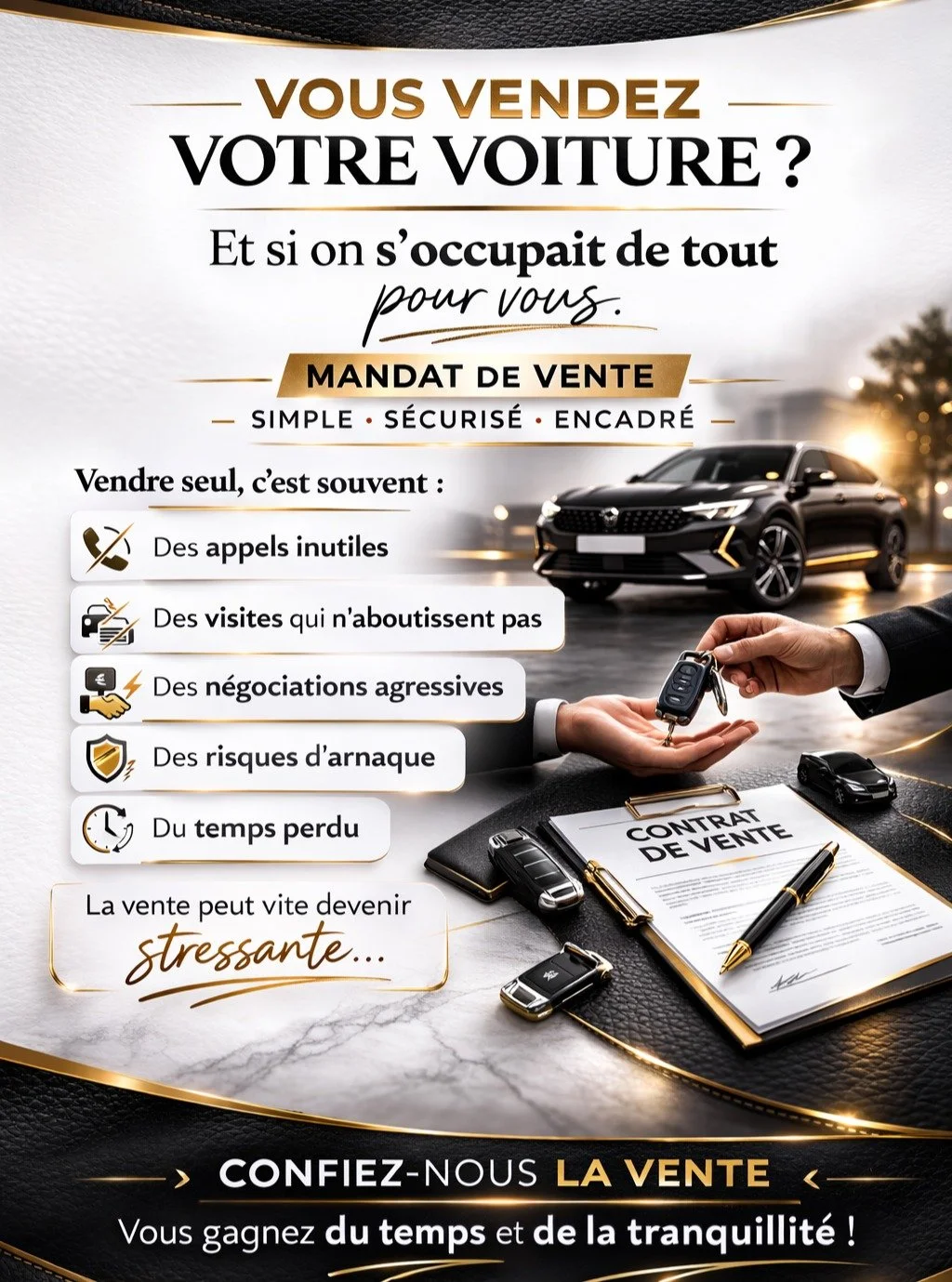 Vendre son v&eacute;hicule peut vite devenir chronophage et stressant.

Avec notre mandat de vente, nous prenons en charge l&rsquo;ensemble du processus :
estimation, mise en valeur, s&eacute;lection des acheteurs, organisation des visites et s&eacut