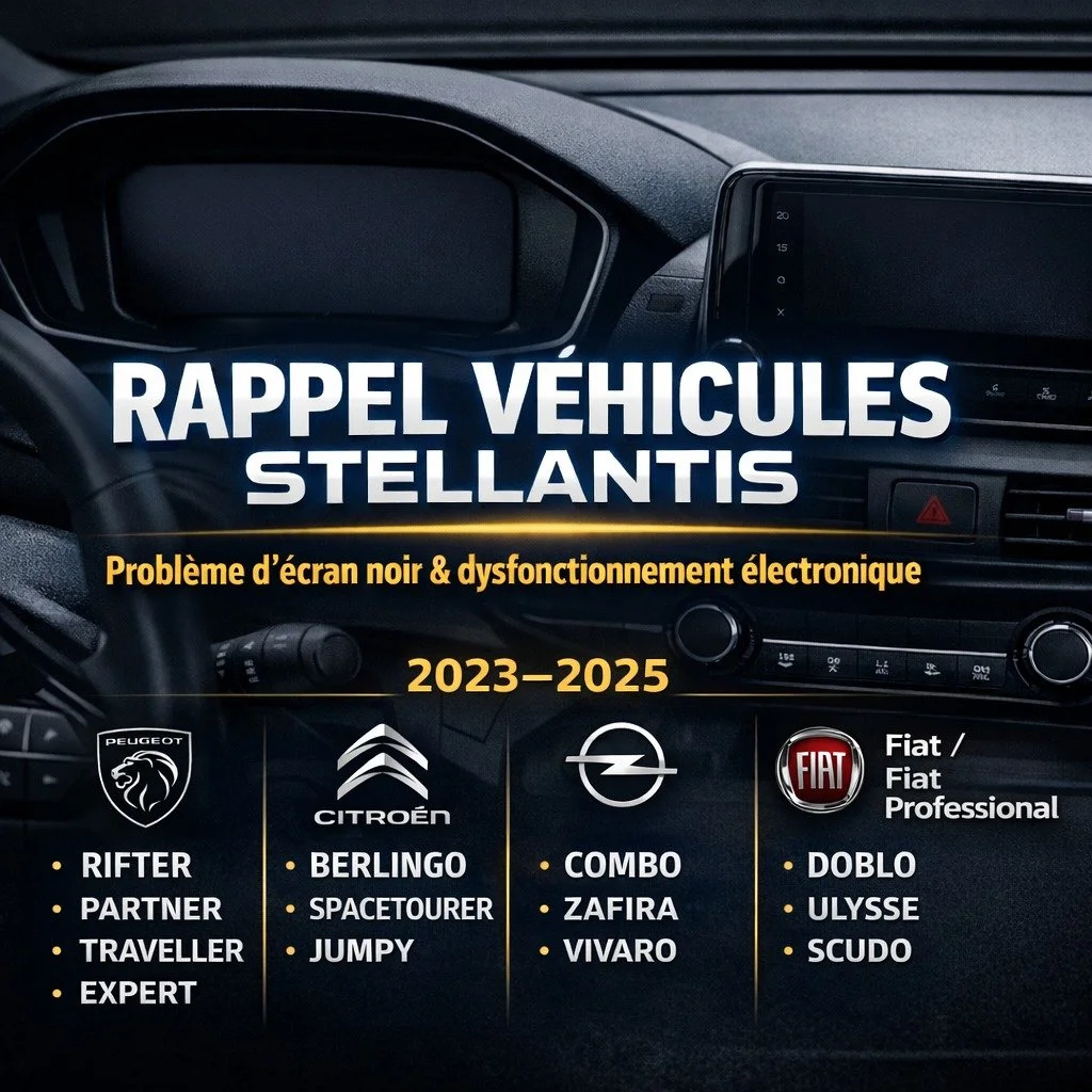 RAPPEL STELLANTIS (2023&ndash;2025)

Possible bug logiciel : &eacute;cran noir au tableau de bord, radio/infodivertissement capricieux, certaines aides &agrave; la conduite temporairement indisponibles.
Rappel non s&eacute;curitaire, correction via m
