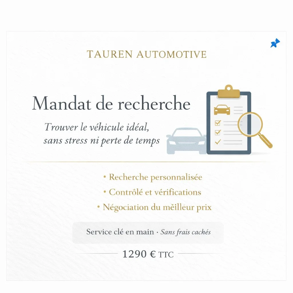 Mandat de recherche &mdash; 1 290 &euro; TTC

Trouver le bon v&eacute;hicule demande du temps, de la m&eacute;thode et du tri.

Le mandat de recherche permet d&rsquo;&ecirc;tre accompagn&eacute; dans la s&eacute;lection, l&rsquo;analyse du dossier, l