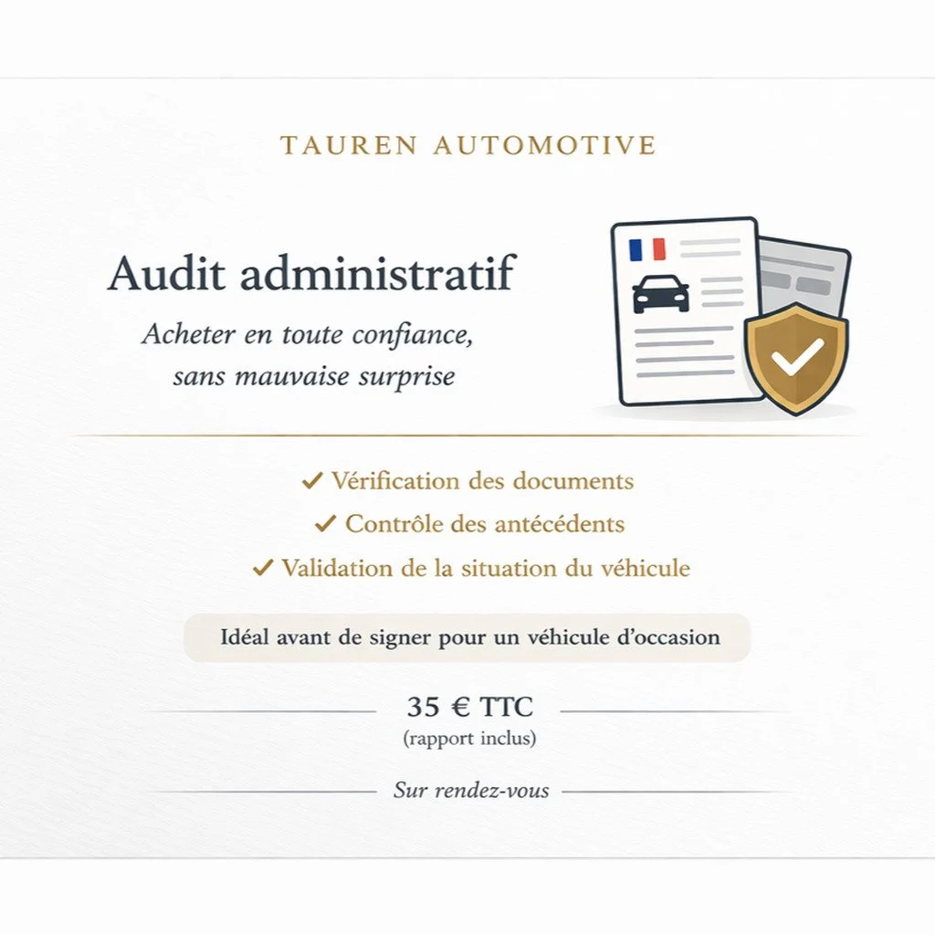 Audit administratif &mdash; 35 &euro; TTC

Une premi&egrave;re lecture du dossier avant d&rsquo;aller plus loin.

Ce service permet de v&eacute;rifier l&rsquo;annonce, d&rsquo;analyser le rapport d&rsquo;historique, de rep&eacute;rer les points de vi