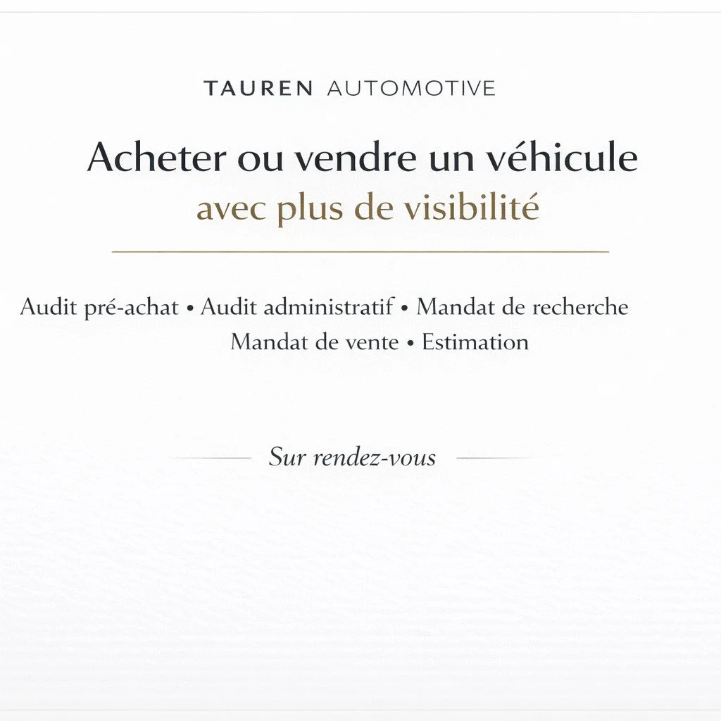 Bienvenue chez Tauren Automotive.

Nous accompagnons l&rsquo;achat et la vente de v&eacute;hicules avec une approche claire, structur&eacute;e et orient&eacute;e d&eacute;cision.

Nos services :
&bull; audit pr&eacute;-achat
&bull; audit administrati