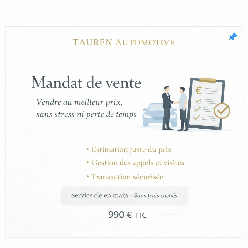 Mandat de vente &mdash; 990 &euro; TTC

Vendre un v&eacute;hicule demande plus que publier une annonce.

Le mandat de vente comprend la mise en valeur du v&eacute;hicule, la gestion des contacts, le filtrage, le suivi des &eacute;changes et un accomp