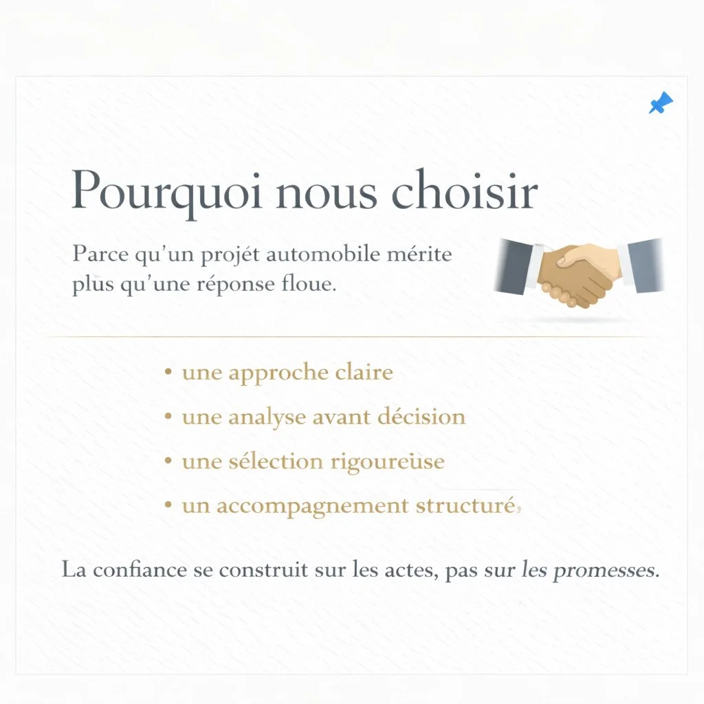 Pourquoi nous choisir

Parce qu&rsquo;un projet automobile m&eacute;rite plus qu&rsquo;une r&eacute;ponse floue.

Nous privil&eacute;gions :
&bull; une approche claire
&bull; une analyse avant d&eacute;cision
&bull; une s&eacute;lection rigoureuse
&b