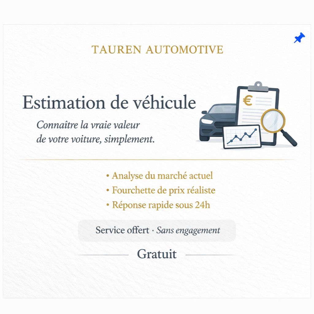 Estimation de v&eacute;hicule &mdash; gratuit

Obtenez une premi&egrave;re lecture du positionnement de votre v&eacute;hicule avant mise en vente.

L&rsquo;estimation permet de mieux situer sa valeur selon les informations transmises, le march&eacute