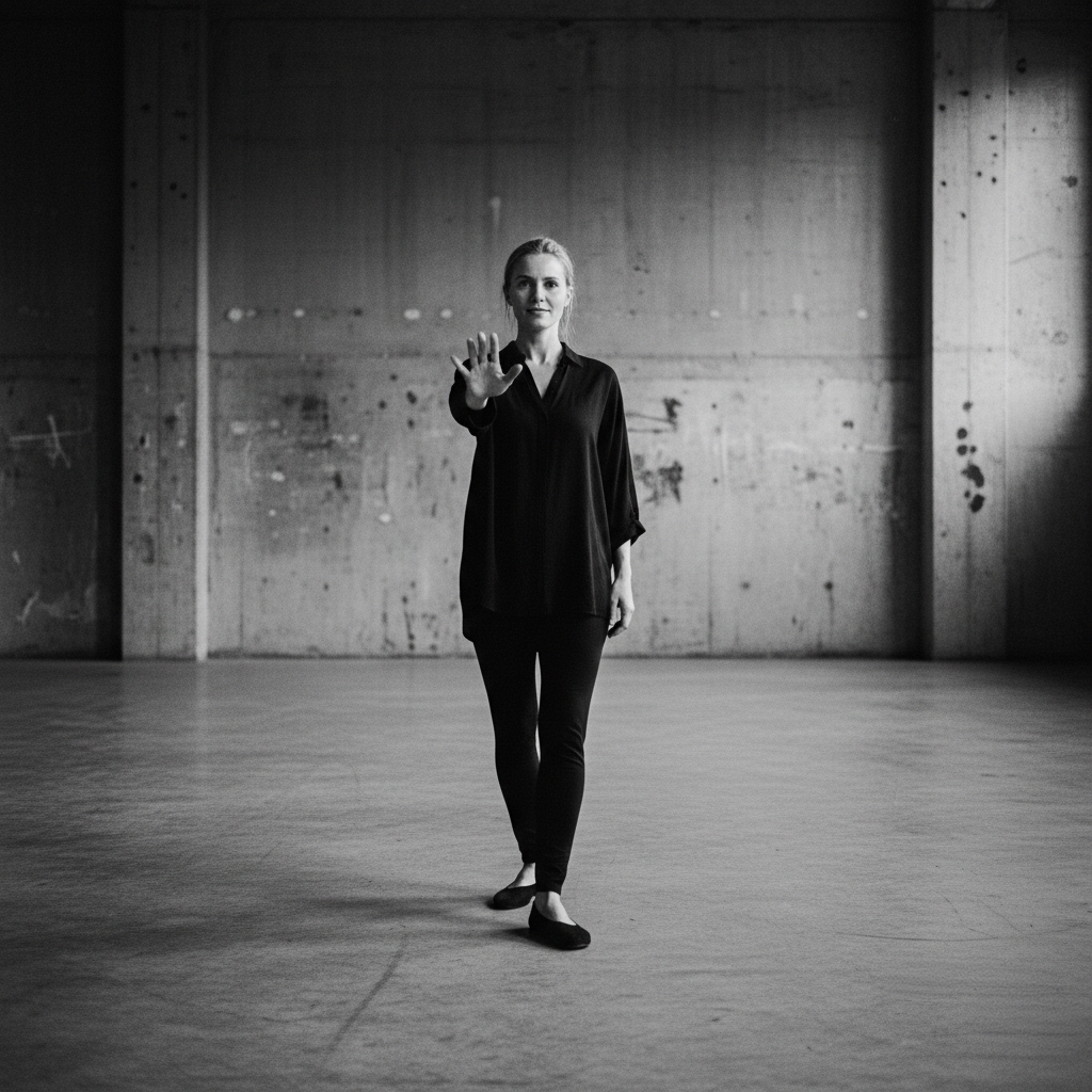 The Draft For People - soft skills. A woman dressed in black stands in an empty, industrial-style room with concrete walls, extending her right hand forward with her palm facing outward.