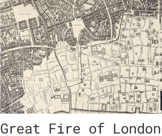 Old black-and-white map of London labeled 'Great Fire of London'