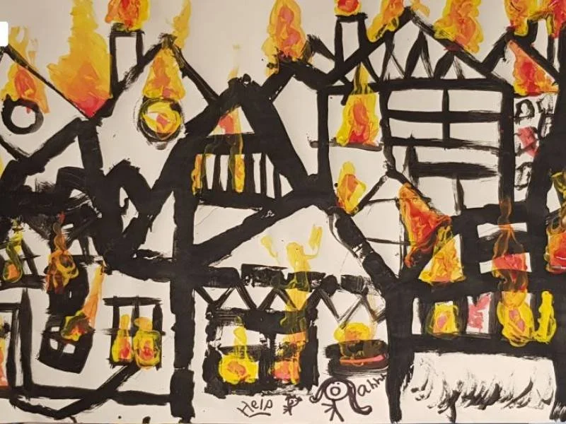 Abstract artwork with black lines forming geometric shapes and structures, filled with yellow, orange, and red accents, resembling fire or flames.