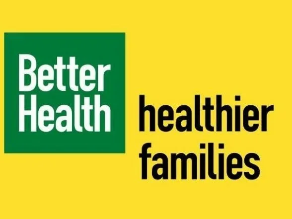 Logo with green square containing white text 'Better Health' on yellow background with black text 'healthier families'.
