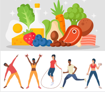 Illustration of healthy foods including vegetables, fruits, cheese, and meat, with people exercising and jumping rope.