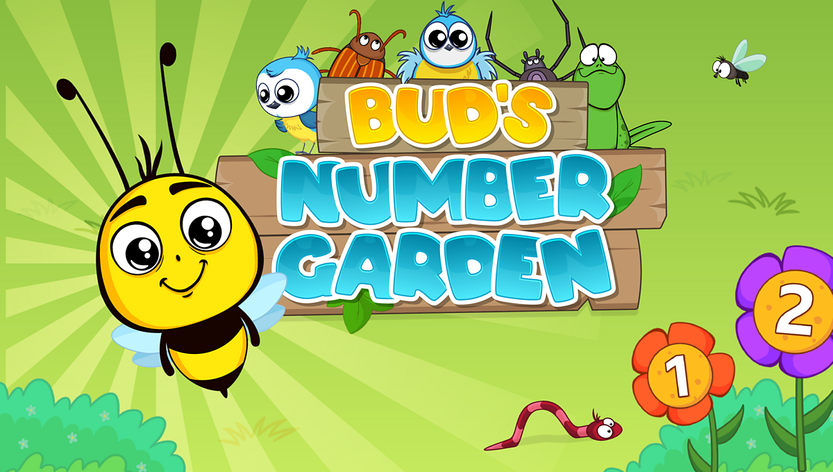 Colorful cartoon illustration of a bee and various insects, flowers with numbers, and a wooden sign reading 'Buds Number Garden' on a green background with rays of light.