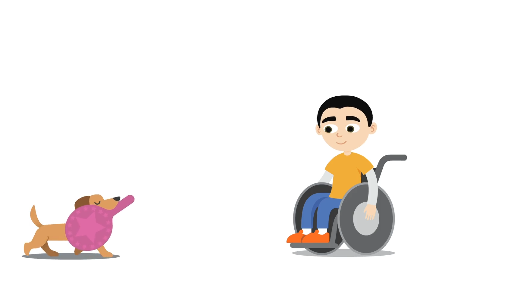 Cartoon boy in a wheelchair smiling at cheerful dog carrying a pink ball.