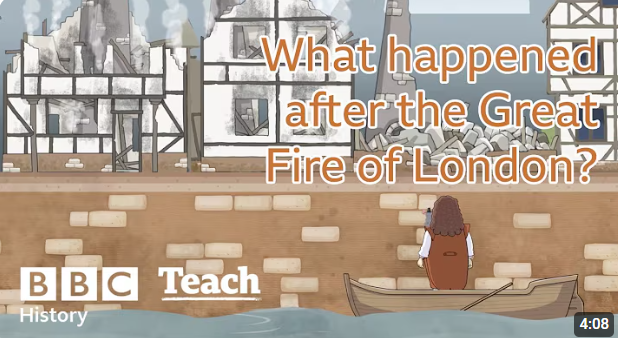 An animated illustration showing a woman in a boat looking at a historic London building after the Great Fire of London, with smoke and destruction in the background.