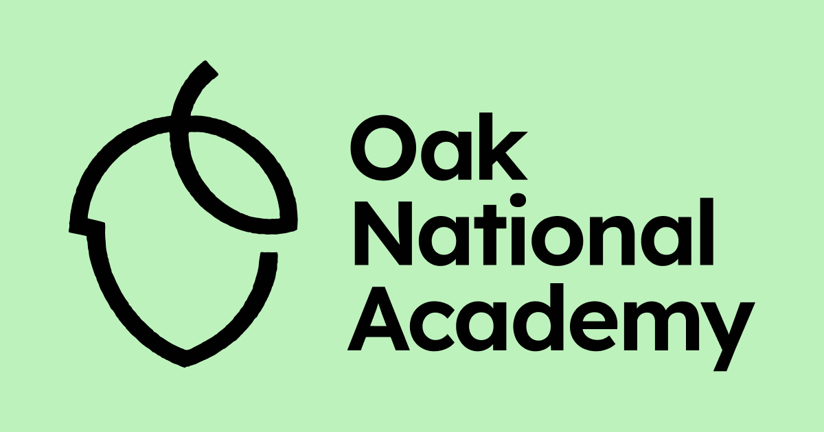 Logo of Oak National Academy featuring a stylized black outline of an acorn with a leaf, and black text reading 'Oak National Academy' on a light green background.