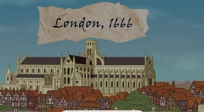 Illustration of historic London in 1666 with a large medieval cathedral and surrounding houses, under a blue sky with a torn paper banner reading "London, 1666".