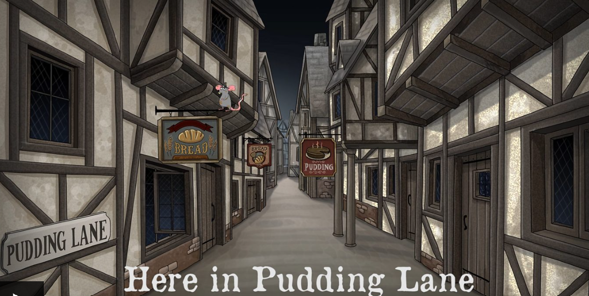 Illustration of a medieval-style street called Pudding Lane with timber-framed buildings, signs for bread and pudding shops, and a mouse sitting on a balcony.