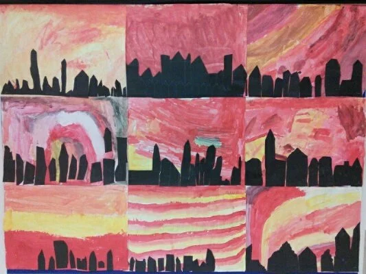 A collage of nine artistic paintings of city skylines with abstract, colorful backgrounds, arranged in a 3x3 grid.