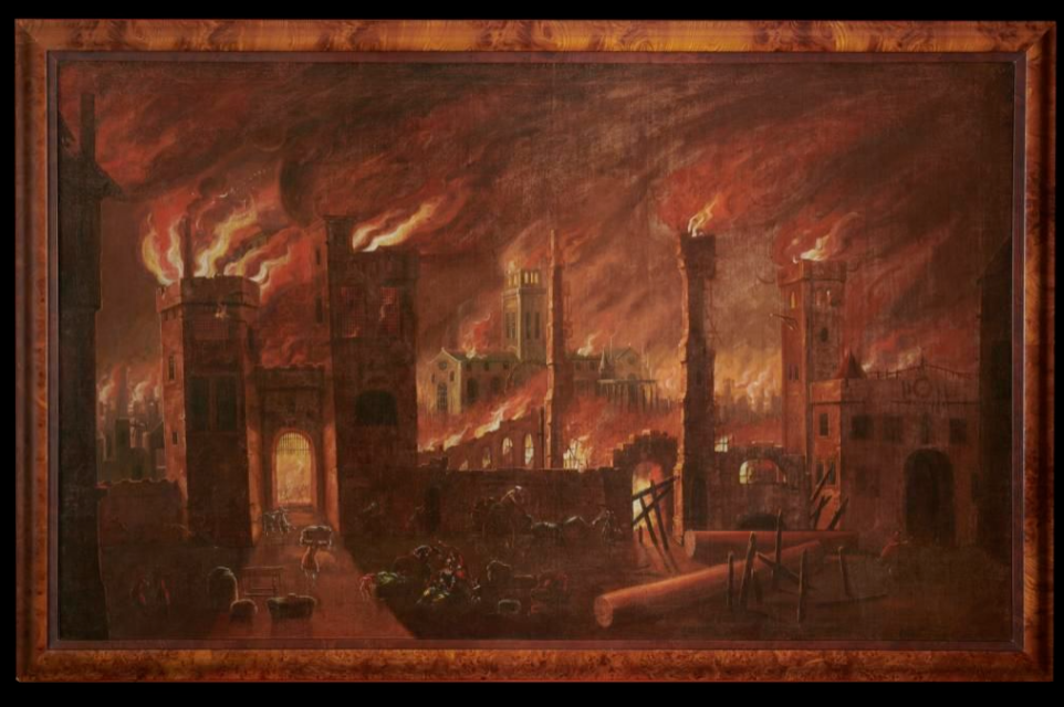 A painting of a city in flames, with buildings on fire and smoke billowing into the sky.