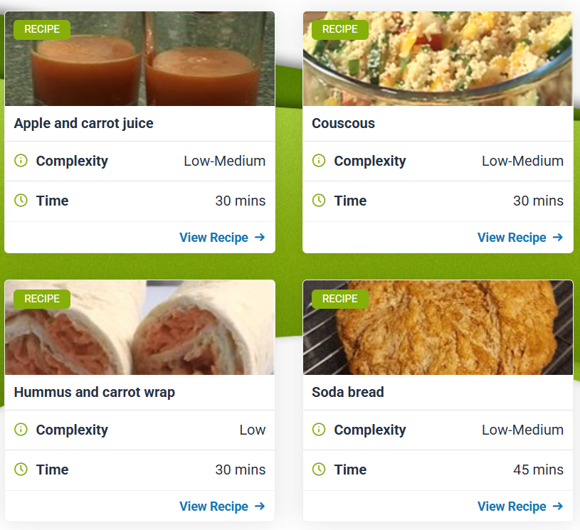A collage of four recipes: apple and carrot juice, couscous, hummus and carrot wrap, and soda bread.