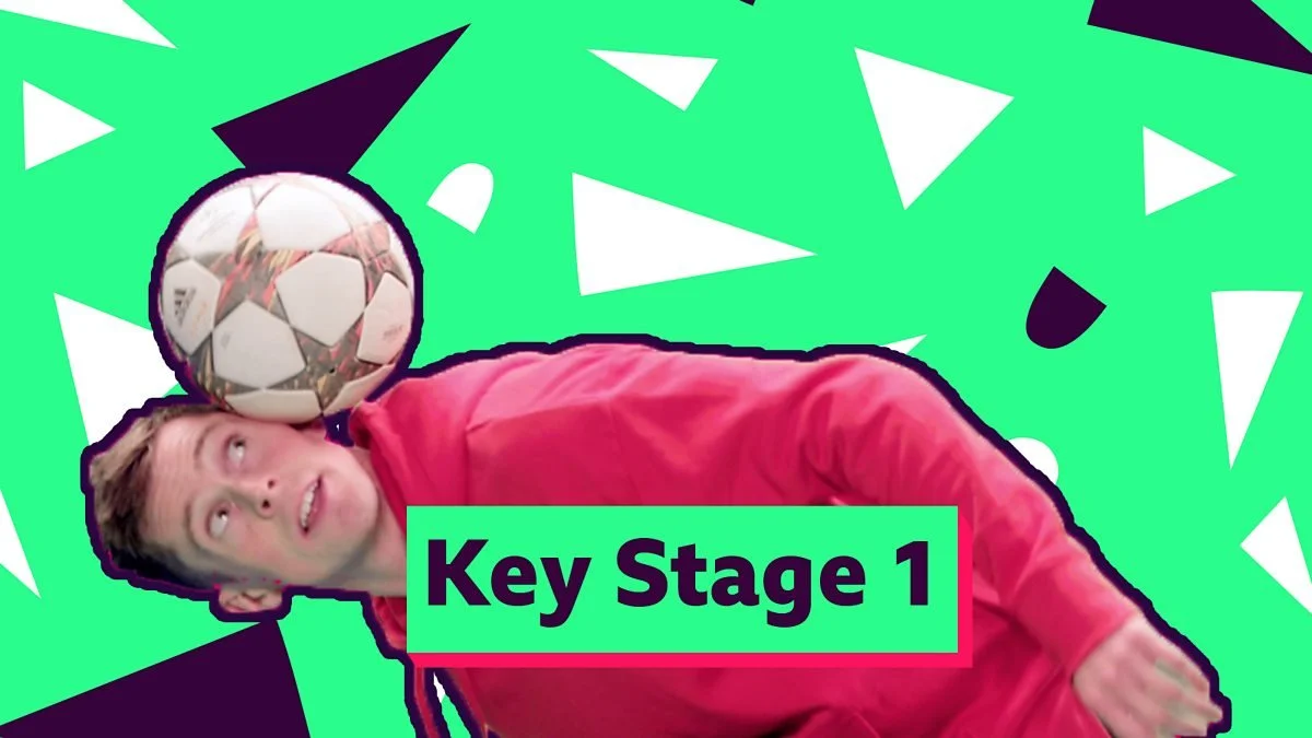 A boy with a soccer ball on his shoulder, looking upward, against a colorful, geometric background. The image has a label that says "Key Stage 1."
