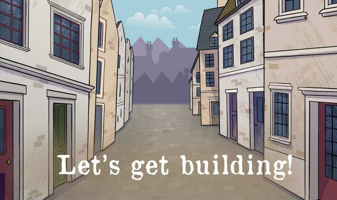 A cartoon illustration of a narrow alleyway between buildings with light-colored facades, multiple windows, and doors. Mountains are visible in the background, and the sky is partly cloudy. The text 'Let's get building!' is overlaid at the bottom of the image.