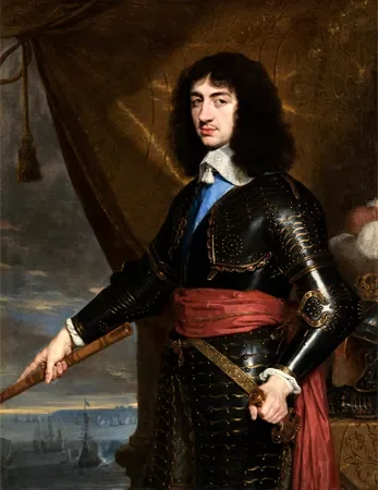 A painting of a man in armor with a red sash, holding a sword, standing in front of a draped curtain and a landscape background.