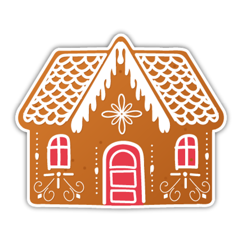 A decorated gingerbread house with a brown body, pink windows, a pink door, white icing accents, and a snowflake on the roof, set against a black background.